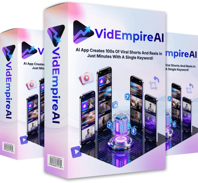 VidEmpire AI dashboard interface showing video analytics and AI-powered content creation tools, with a modern dark theme and glowing accents.The VidEmpire AI platform, an all-in-one AI tool for YouTube automation and video content creation.